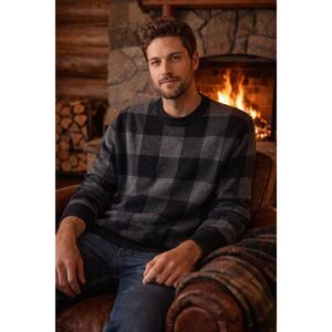 Black and Grey Plaid Pullover Crewneck Cotton Sweater Men's XL American Rag